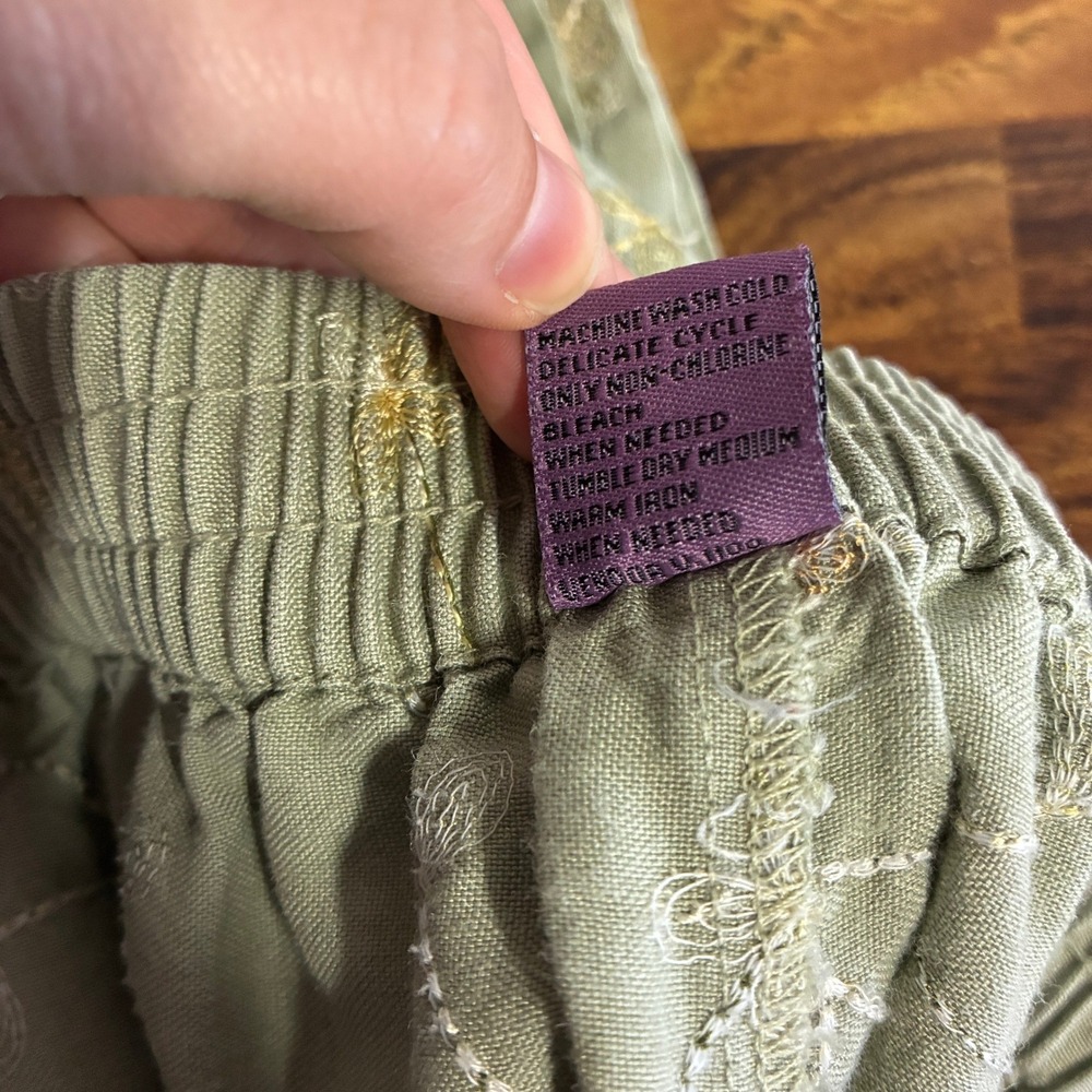Vintage Pull On Linen Floral Embroidered Wide Leg Cropped Pant Size M Green - Picture 11 of 15